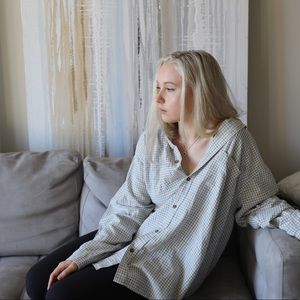 Oversized Flannel plaid shirt button up top